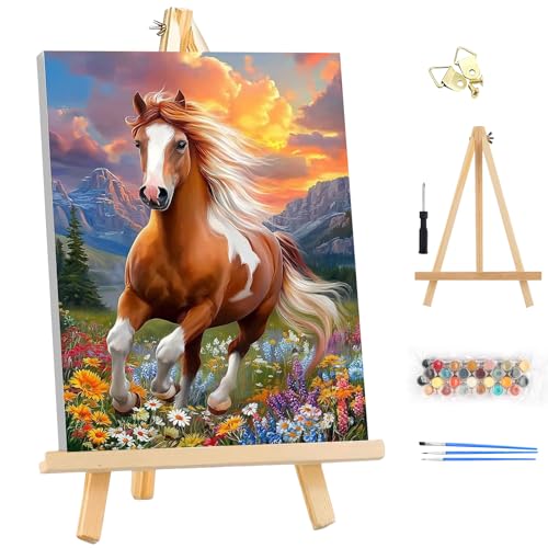 EOBROMD Framed Paint by Numbers Kits for Adults - Wooden Easel, Animal Horse DIY Kits Crafts for Beginner on Stretched Canvas, 3 Brushes and Acrylic Paint for Home Decor 10x14 Inch