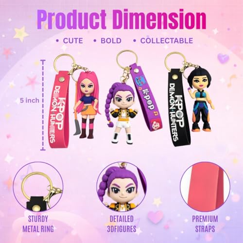 Image of Wanna Party Set of 3 Kpop Demon Hunters Hunterix Cartoon Keychains for Girls, Cute Backpack Key Chain Accessories Wristlet chain Return Gift Items for Girls