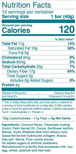 Keto Collagen Fiber Bar - High Fiber, Low Carbs - Soy Free, Gluten Free, Non-GMO & No Added Sugar - Perfect Keto & Paleo Snack with Creamy Coconut Inside Dipped in Dark Chocolate (12 bars)