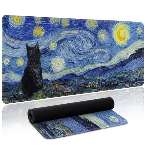 Starry Night Cat Gaming Mouse Pad Large Desk Mat Extended Keyboard Mouse Pad Anime Mousepad