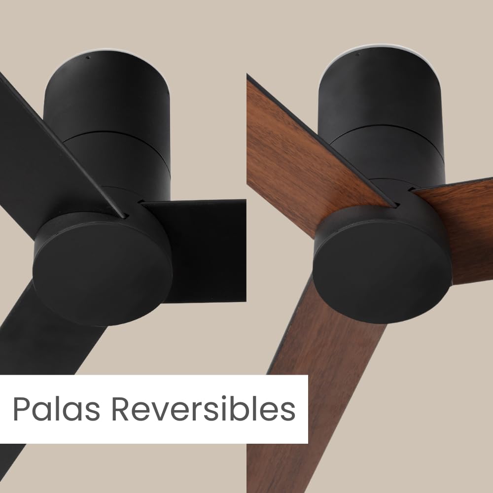/ HYBRID/Ventilador de techo negro con wifi y palas reversibles negro-nogal Ø120 cm/Ultra Silencioso, bajo consumo, 6 Velocidades, Mando, Verano-Invierno, temporizador, modo brisa