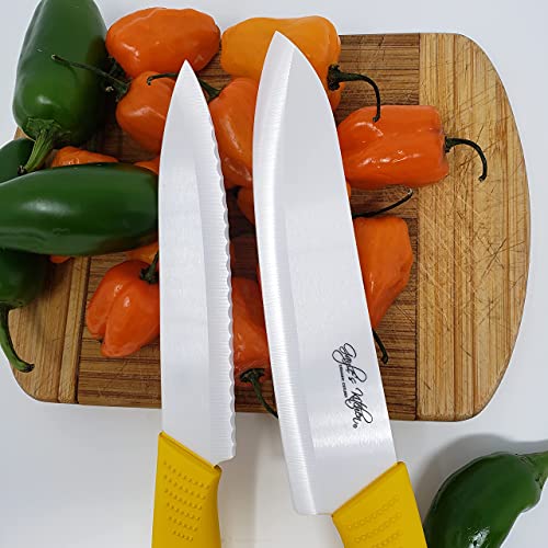 Serrated Yellow Ceramic Knife Set With 5" Serrated Knife, Kitchen Knife Set - Includes 3”, 4”, 5”, 6” Ceramic Knives, Matching Sheaths And A Matching Vegetable Peeler In A Black Gift Box #TOP5