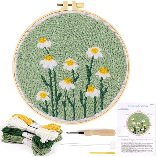 Image of KESTAR Punch Needle Embroidery Starter Kits, Daisy Flower Punch Needle Kits for Adults Beginner, Needle Punch Kit Tool with Instruction Threader Fabric Yarns and Hoop