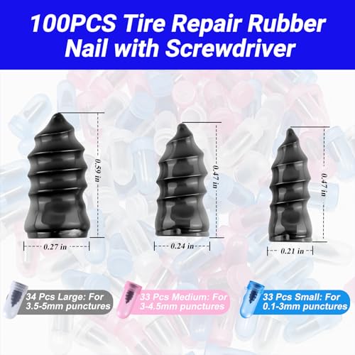 Image of 100PCS Tire Repair Rubber Nail Kit, Premium Spiral Screw-in Tire Plugs with 3 Sizes, Emergency Roadside Flat Tire Fix Tool for Car Truck Motorcycle Tractor ATV SUV (100PCS + Screwdriver)