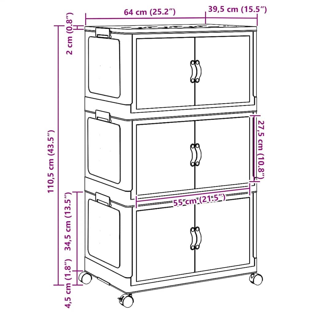 vidaXL Caja de almacenaje apilable con ruedas 3 niveles 75 L
