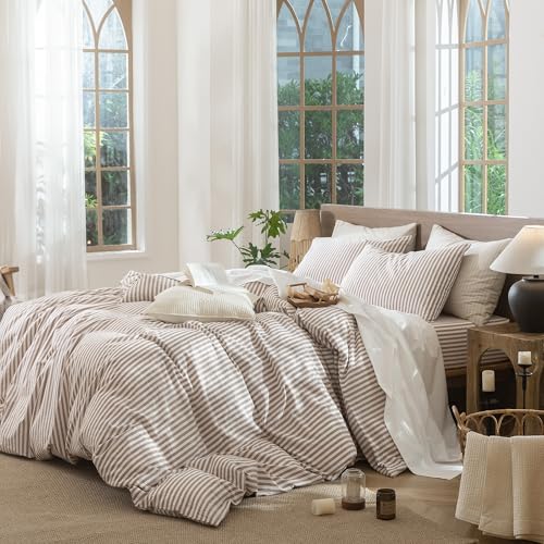 Image of MooMee Striped Duvet Cover Set 100% Washed Cotton Linen Like Full | Relaxed Linen-like Texture. Soft, Breathable & Long-lasting Comfort. Lightweight. Hidden Zipper with 8 Interior Corner Ties