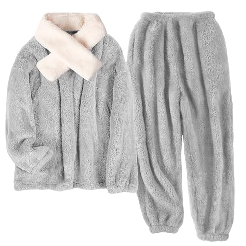 Tuopuda Schlafanzug Damen Lang Pyjama Set Winter, Thermo Fleece Hausanzug Kuschelig mit Schal Warm Nachtwäsche Zweiteiler Flauschig, Winter Oberteile Langarm mit Schlafanzug...