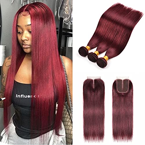 8A Brazilian Virgin Hair 99j Burgundy Straight Hair Weaves 3 Bundles with Lace Closure 4x4 Free Part Red Wine Color 100% Unprocessed Human Hair Weft Weaves (20 22 24 with 20C, 99j/burgundy/wine red)