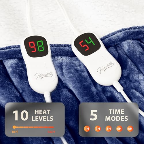 Image of Homemate Electric Heated Blanket King Size - 100 inchx90 inch Heating Bed Blankets Throw with 8 Hours Auto Off 10 Heating Levels Fast Heating Over-Heated Protection Soft Warm Flannel Bed ETL Certified Navy