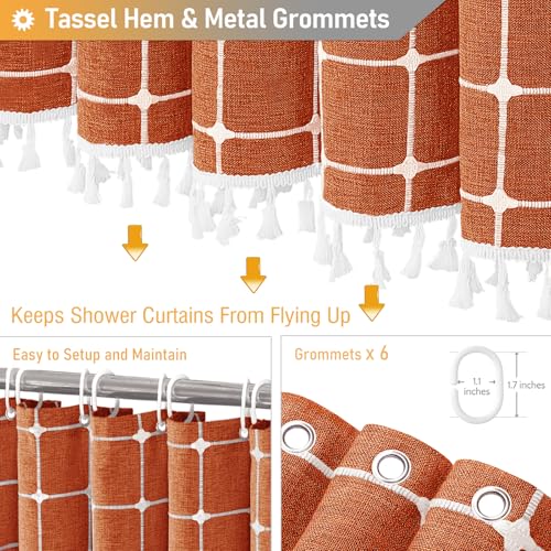 Image of BTTN Boho Shower Stall Curtain - 36x72 Narrow Linen Ultra Thick Tassel Fabric Shower Curtain Set with 6 Plastic Hook, Half Camper RV Modern Farmhouse Country Shower Curtains for Bathroom, Brunt Orange