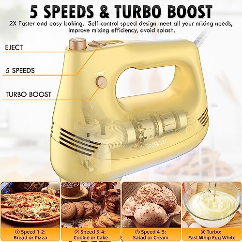 Image of GUALIU Electric Hand Mixer with Stainless Steel Whisk, Dough Hook Attachment and Storage Bag, Handheld Mixer for Baking Cakes, Eggs, Cream Food Mixers. Turbo Boost /5 Speed Kitchen Blender Yellow