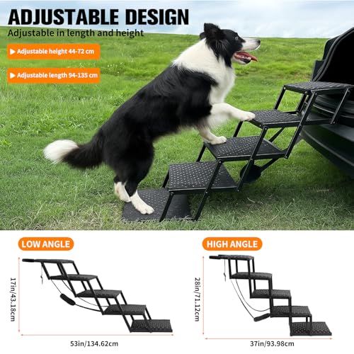 5 Stufen Hundetreppe Auto Klappbar – Hunderampe Unterstützung bis 100 KG mit Einstellbarer Höhe 44-72cm, Gelenkschonende Treppe für Kleine Mittlere Große Hunde rutschfeste Hundetreppe