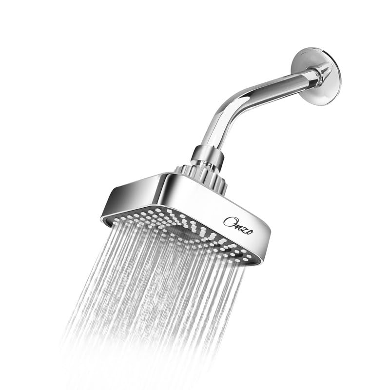Image of Onzo ZS 4-Inch ABS Overhead Rain Shower Head with 9-Inch Stainless Steel Arm & Flange | 360 Adjustable Swivel Ball Joint | Chrome Finish | Durable & Rust-Proof High-Pressure Bathroom Shower