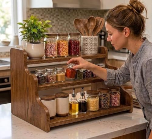Image of 3-Tier Spice Rack, 13.8 Inch Wood Spice Bottles, Jars, Seasonings, Baking Supplies, Shelf Countertop Spice Storage Holder, Kitchen Pantry Cabinet Organizer Cupboard (BROWN)
