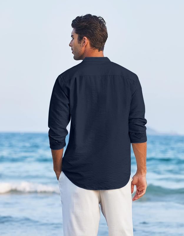 Image of Macsivo Men's Cotton Blend Henley Short Kurta with Mandarin Collar Long Sleeeve Button Closure Curved Hem Regular Fit | Kurta for Men Stylish