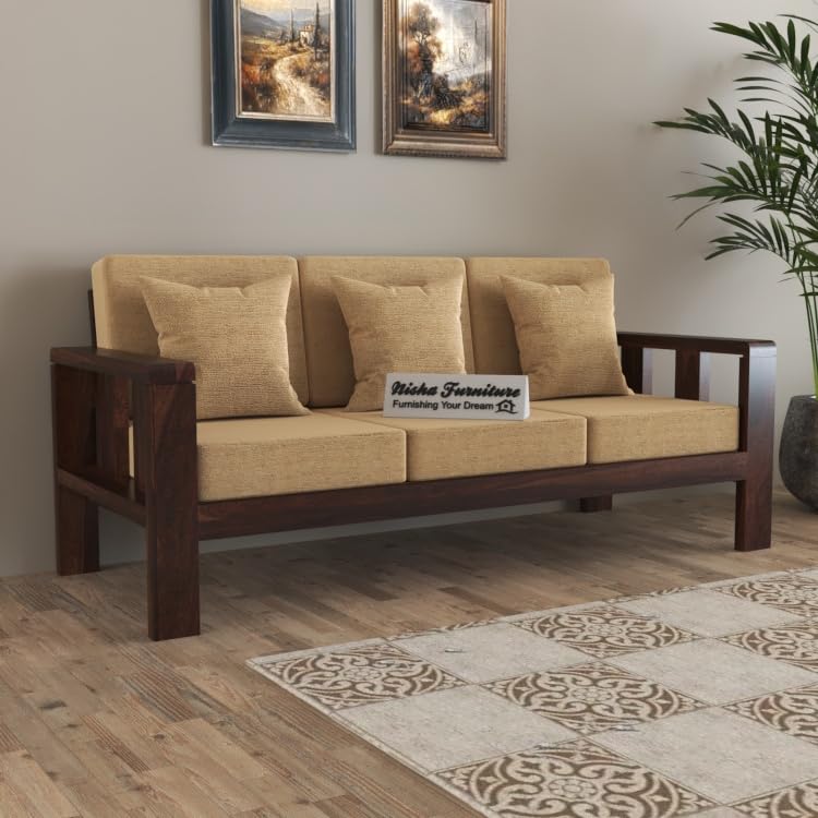 Image of Sheesham Wood 3 Seater Sofa | Walnut Finish | 3 Seater Configuration | Living Room | Drawing Room | Without Pillow | Solid Wood Frame