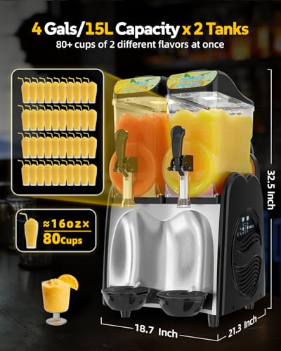 Image of 30L Commercial Slushie Machine, 2 Tank Margarita Machine 80 Grande Cups | Slushie Machine with Auto Clean, 8 Gal LED Frozen Drink Machine for Bar Restaurant, Business, Party, 800W Fast Cooling
