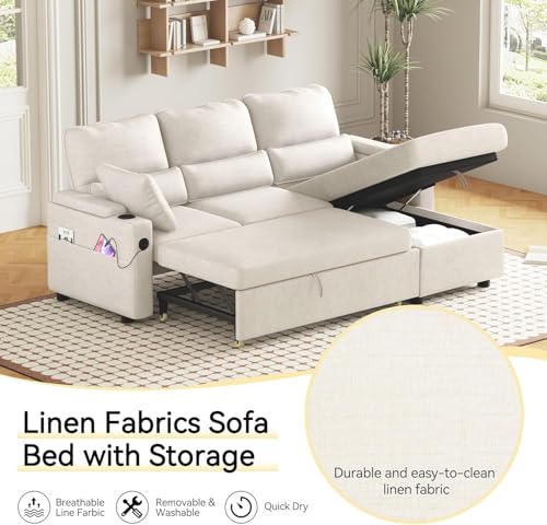 Image of Pull Out Couch, L Shaped Convertible Sleeper Sofa Bed with Hidden Storage for Living Room Apartment, 3-in-1 Linen Sectional with Side Pocket, Charging Station, Cup Holder(Beige