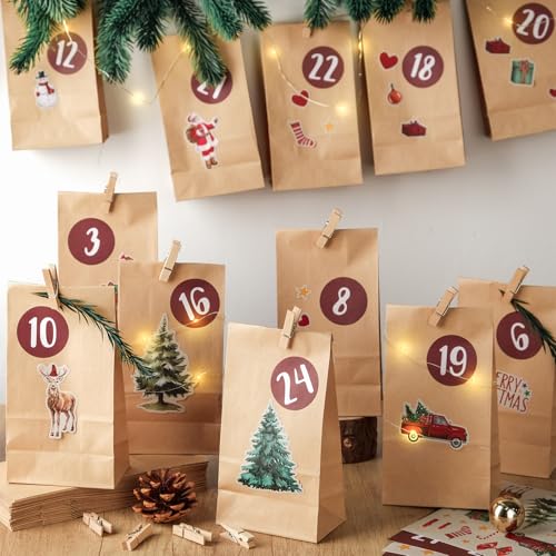 I LOVE MOM Adventskalender zum Befüllen, 24 DIY Adventskalender zum Befüllen Kinder mit Aufkleber Weihnachten, Jute-Schnur und Holzklammern, zum Weihnachten Geschenke Machen