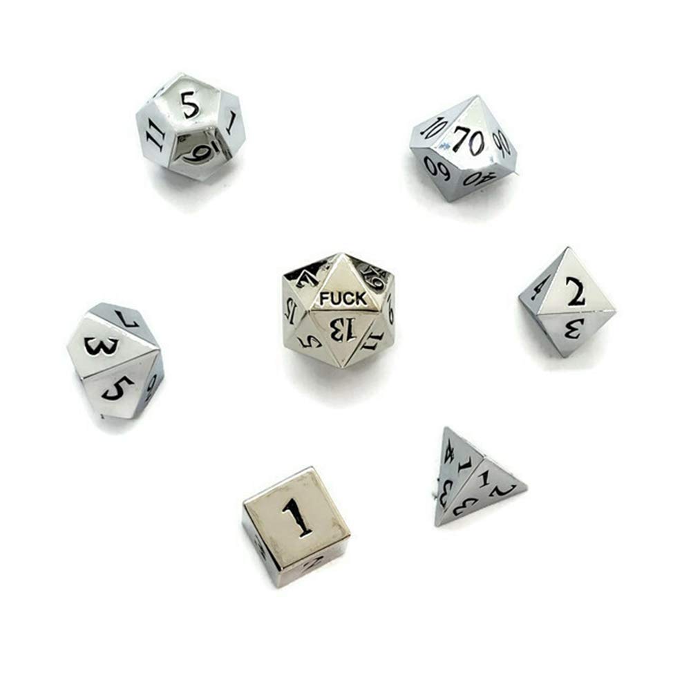 Silver Metal D20 F*** Dice Set Critical Fail F 20 Sided Die Set DND Black Gunmetal Color Number for Role Playing Game Dungeons and Dragons D&D Pathfinder Shadowrun and Math Teaching
