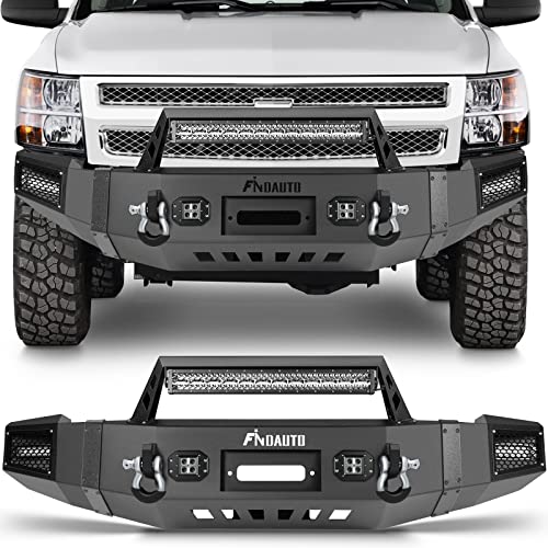 FINDAUTO Silverado 1500 Front Bumper Fit for Chevrolet Silverado 1500 2007-2013 Upgraded Textured Black Rock Crawler Bumper with D-ring and Winch Plate,with LED Lights
