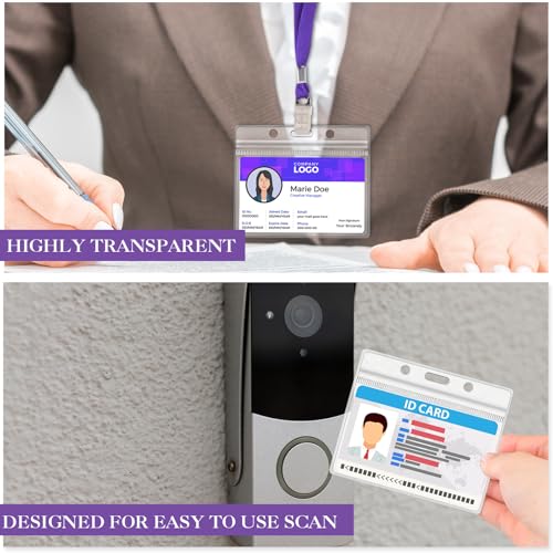 Image of Marspark 50 Sets 4 inchx3 inch Name Badge Holder with Lanyard Bulk, Purple | Waterproof Reusable Plastic with Clip, ID Badges Business School Conference Use, Lanyard Strap for Employees Students Events
