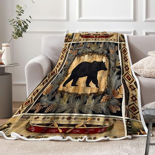 Rustic Throw Blankets, Brown Cabin Country Antique Bear Moose Forest Vintage Wood Cozy Warm Bed Couch Blanket, Farmfouse Loge Hunting Camping Fleece Flannel Throws to Decorate Room Bedroom, 50X60