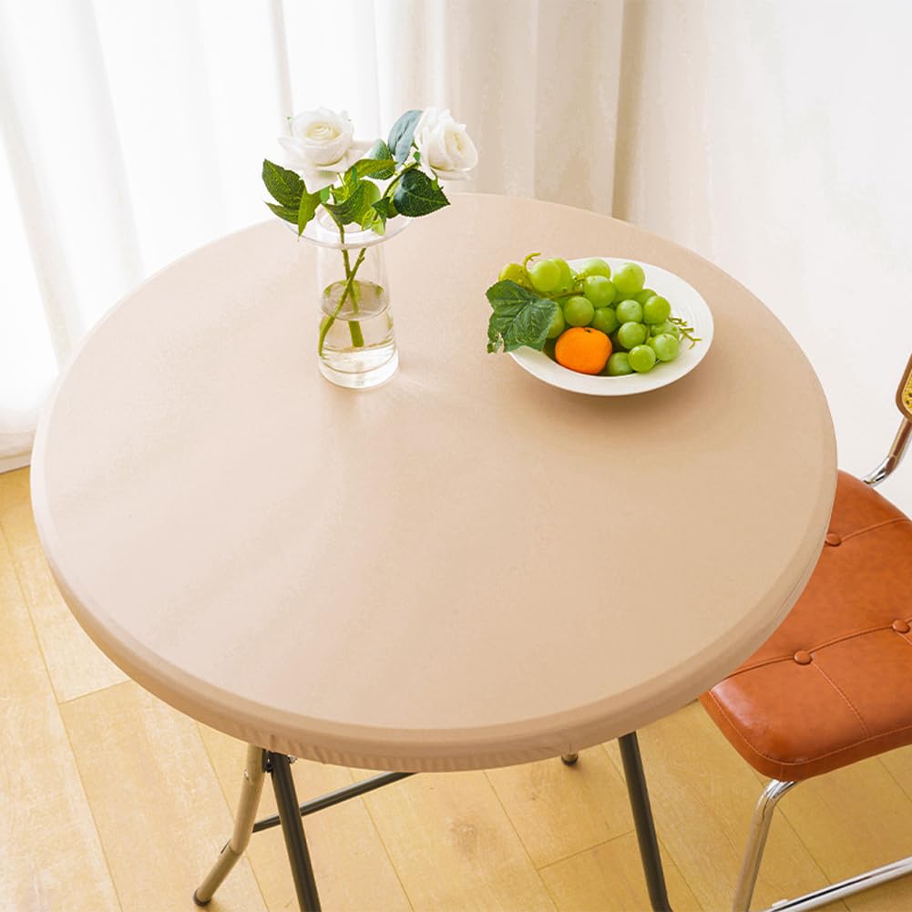 PU Leather Tablecloth Round Table Protector,Waterproof Tablecloth with Elastic Edge,Wipe Clean Stain Resistant Tablecloth for Dining Kitchen (Khaki,130cm)