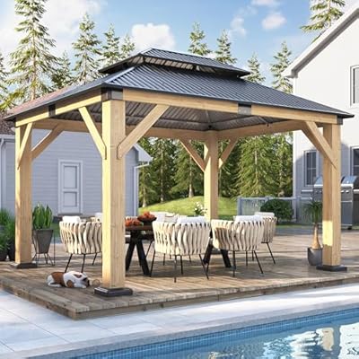 COVERONICS 10FT x 12FT Outdoor Wood Gazebo - Patio Cedar Wooden Gazebo with Galvanized Steel Hardtop, Heavy-Duty Double Roof Gazebos with Netting & Curtains for Garden, Poolside, Deck, Backyard