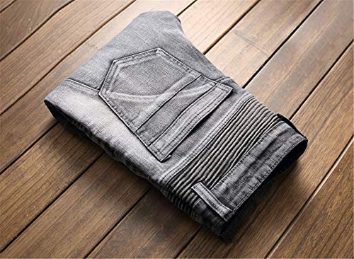 Men's Designer Straight Leg Denim Pants Zipper Deco Ribbed Jeans Stretch Skinny Pleated Biker Jean Trousers3