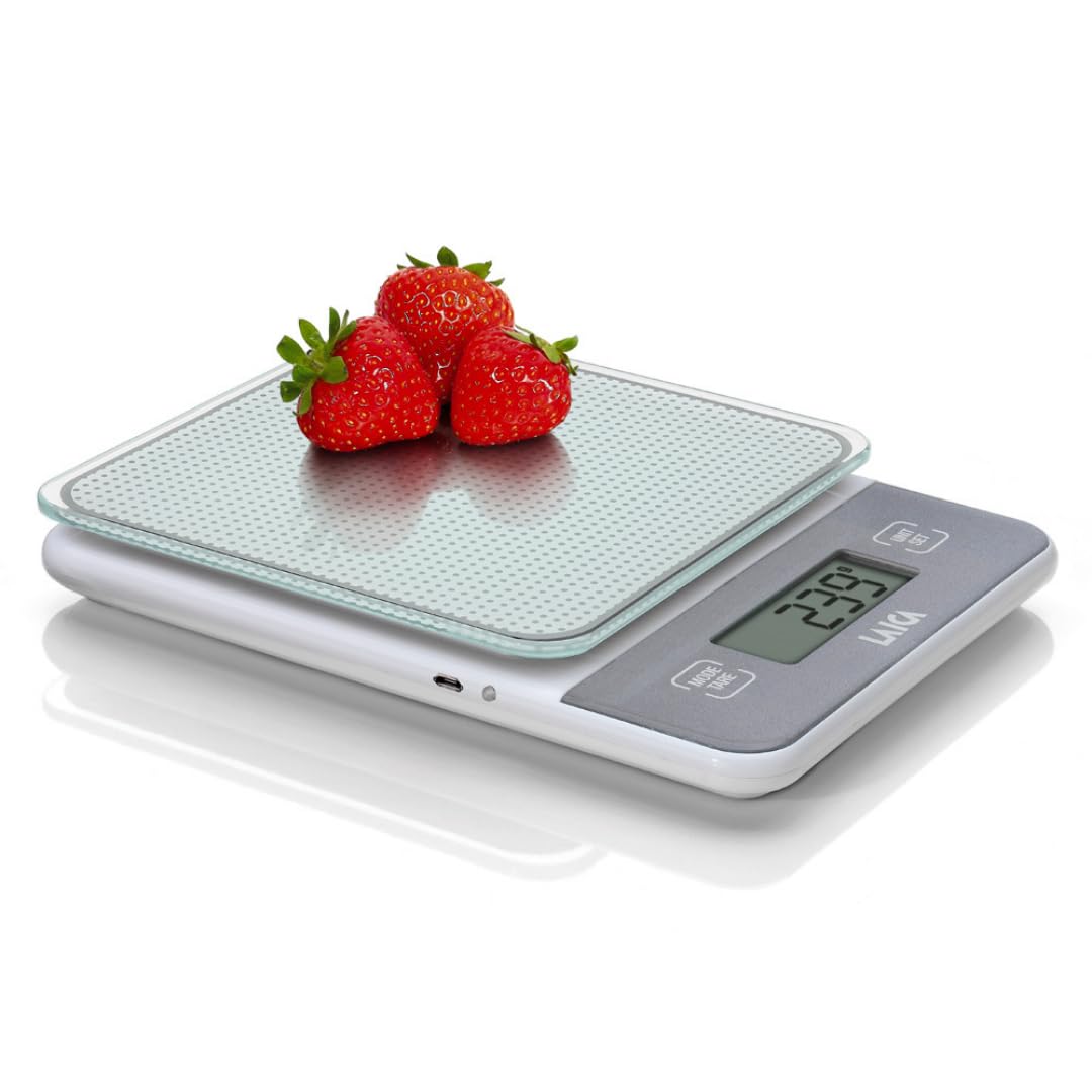 Bilancia elettronica da cucina LAICA, bilancina digitale, per cucinare, in grammi o once, display LCD ad alta precisione in vetro temprato, funzione Tara, ricaricabile - Portata di 5 kg