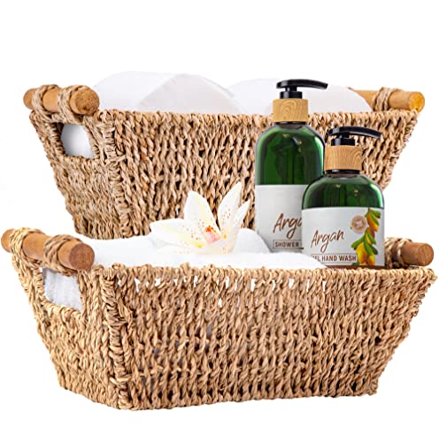 Image of Small Wicker Baskets for Gifts Empty - 12" x 7.2" x 4.4" Hand-Woven Seagrass Empty Gift Basket 2-Pack - Beautiful Toilet Paper Holder Basket for Bathroom and More
