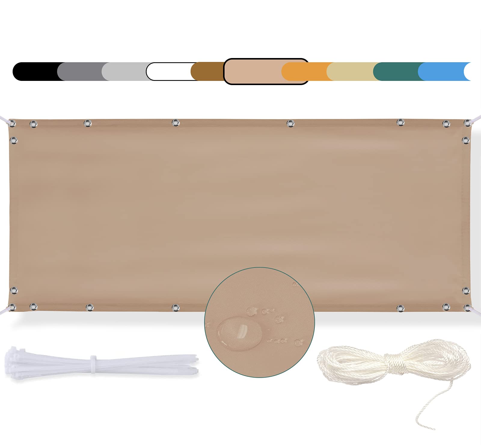 Balkon Sichtschutz Balkon 70x250cm seitenmarkise Balkonabdeckung Balkonverkleidung Wind-und UV-Schutz Wetterfest mit Kabelbinder Ösen Seil, für Balkongeländer, Terrasse & Garten Sandfarbe