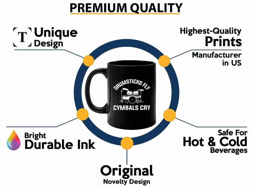 Taza de café para músicos, 11 onzas, negra, con diseño de baquetas y platillos miniatura 3