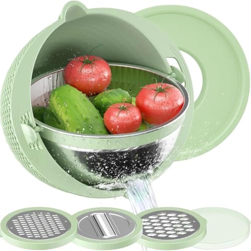 野菜水切りバスケットEnergyDeer ステンレス厚手内桶 セット家庭用 回転式二段おろし器付きフルーツ野菜洗いバスケット キッチン (白色)