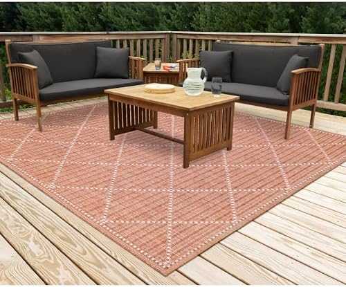 Liora Manne Malibu Indoor/Outdoor Power Loomed Synthetic Blend Low Profile Area Rug - Transitional Border Casual Colorful (Checker Diamond Clay) (7'10" Square)