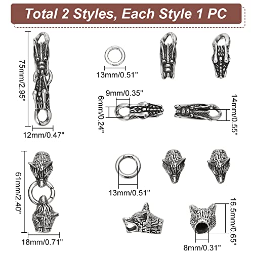 UNICRAFTALE 2 Sets 2 Styles 304 Stainless Steel Spring Gate & O Rings Tibetan & Antique Silver Wolf & Dragon Head Rings Cord Ends Clasps Leather Bracelet Making for Jewelry Making - Image 3