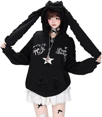 Women Kawaii Bunny Ear Zip Up Hoodie Lace Ruffle Trim Heart Pocket Tops