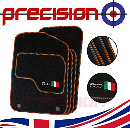 Tailor Colour Fitted Car Mats for Fiat 500 with 500 Logo (2013-2018) Black Classic Carpet with Orange Twist