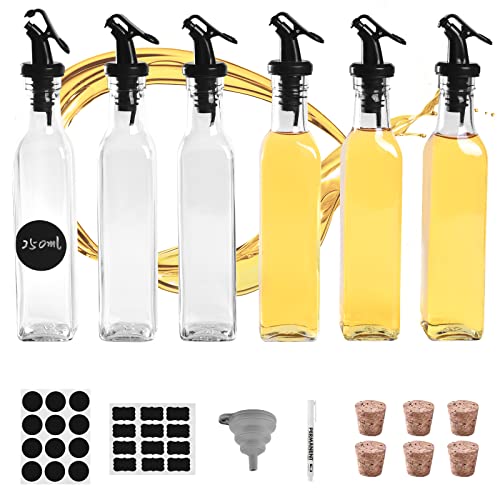 Miorkly 6er Glasflaschen 250ml Perfekt für Ölflasche, Ölspender, Olivenöl Flasche, Schnapsflaschen, Essigflaschen, Bleifreies Glas in Lebensmittelqualität, Öl Ausgießer & Korken Gute Luftdichtheit Cover