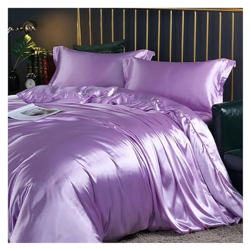Sabanas De Saten Juego de ropa de cama de seda con funda nórdica, juego de funda de cama tamaño queen y king, 4 piezas, juegos de ropa de cama Sabanas Seda(Light purple,FLAT BED SHEET_TWIN SIZE 4PCS)