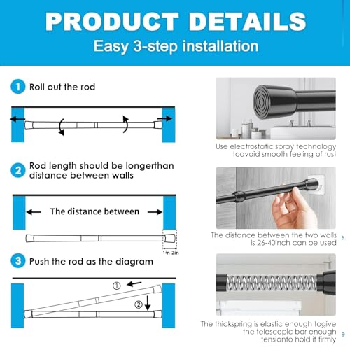 Image of MEXAU 1Pack Spring Tension Curtain Rod 26-39 inch Black Small Tension Rod | Adjustable Curtain Rods No Dilling Extendable Spring Tension Rod Short Curtain Rod for Windows, Kitchen, Bookshelf, Closet