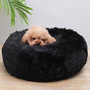 Kalmerend Comfy Donut Kattenbed Pluche Warm Marshmallow Ronde Hondenkussen Nest Ademend Faux Bont Hond Bed Grot Mand voor Puppy Kitty, Zwart, 60cm