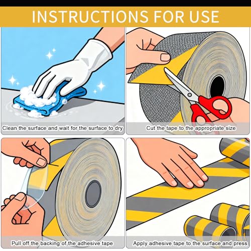 Image of Black & Yellow Anti-Slip Stair Treads Tape,4 inch x50FT Heavy Duty Non-Skid Grip Tape for Indoor /Outdoor Steps, Bathroom & Pool - PVC Waterproof Safety Traction Tape