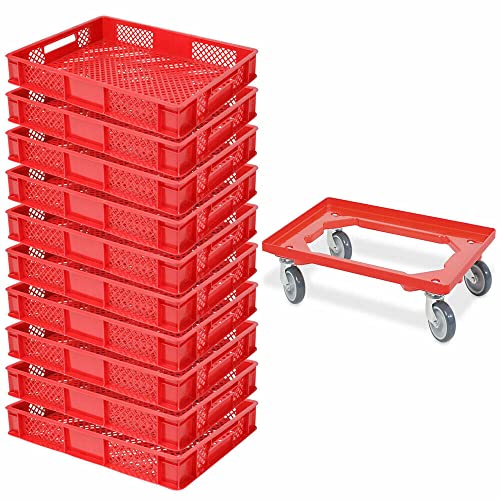 Lot 10 Bacs Euro 600x400x150 Mm + 1 Chariot Transport - Qualité Alimentaire, Empilables - Vert - Pour Stockage