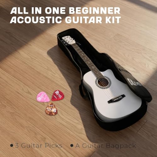 Image of Revel 38 Inch Acoustic Guitar Cutaway Wooden Guitar with High-Gloss Finish, Steel Strings, Smooth Tuning Pegs, Includes Carry Bag, Picks & Sting winder Guitar for Adults. (WHITE)