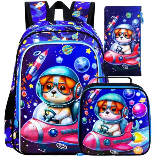 Image of UFNDC 3PCS Boys Dog Backpack, Kids Space Bookbag with Lunch Box, Water Resistant Rocket School Bag for Elementary Preschool Toddler