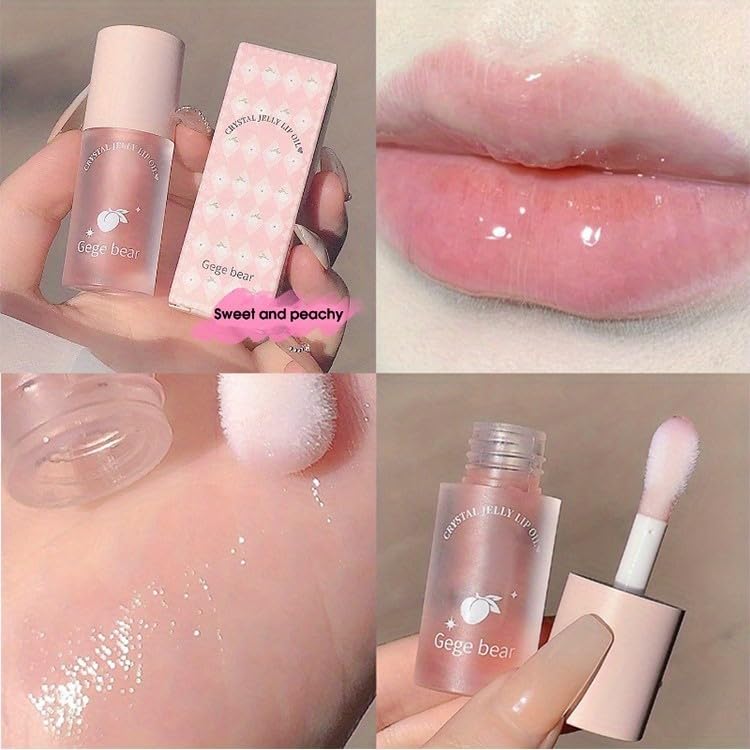 Image of Gege Bear Crystal Jelly Lip Oil : Fruity Lip Gloss for Luscious, Glossy Lips for Women, Clear Transparent Lip Oil with Fruity Essence (3-Pack, Peach)