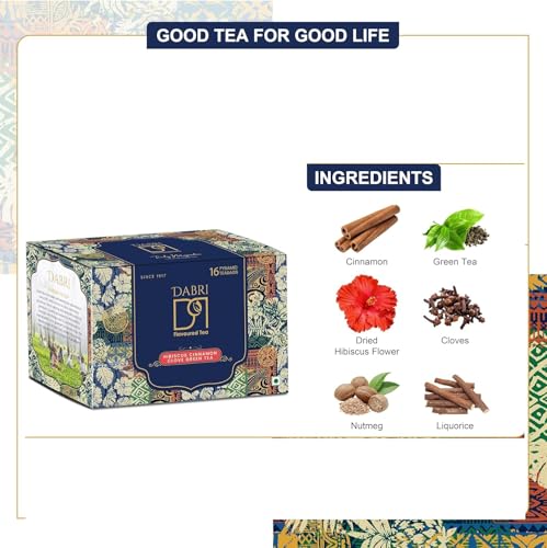 Image of Dabri Hibiscus Green Tea 16 Pyramid Dip Teabags|Premium Loose Leaf Blend with Cinnamon, Clove|Pure Natural Hibiscus tea leaves & Spices|Supports Weight Management,Hair Regrowth