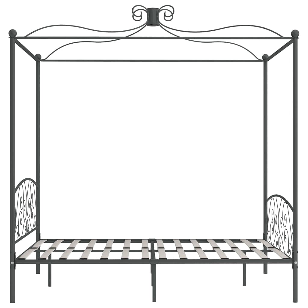 Szara metalowa rama łóżka z baldachimem 160 x 200 cm, górna rama na zasłony, solidna i trwała rama bez materaca, stylowy design do sypialni, w zestawie stelaż